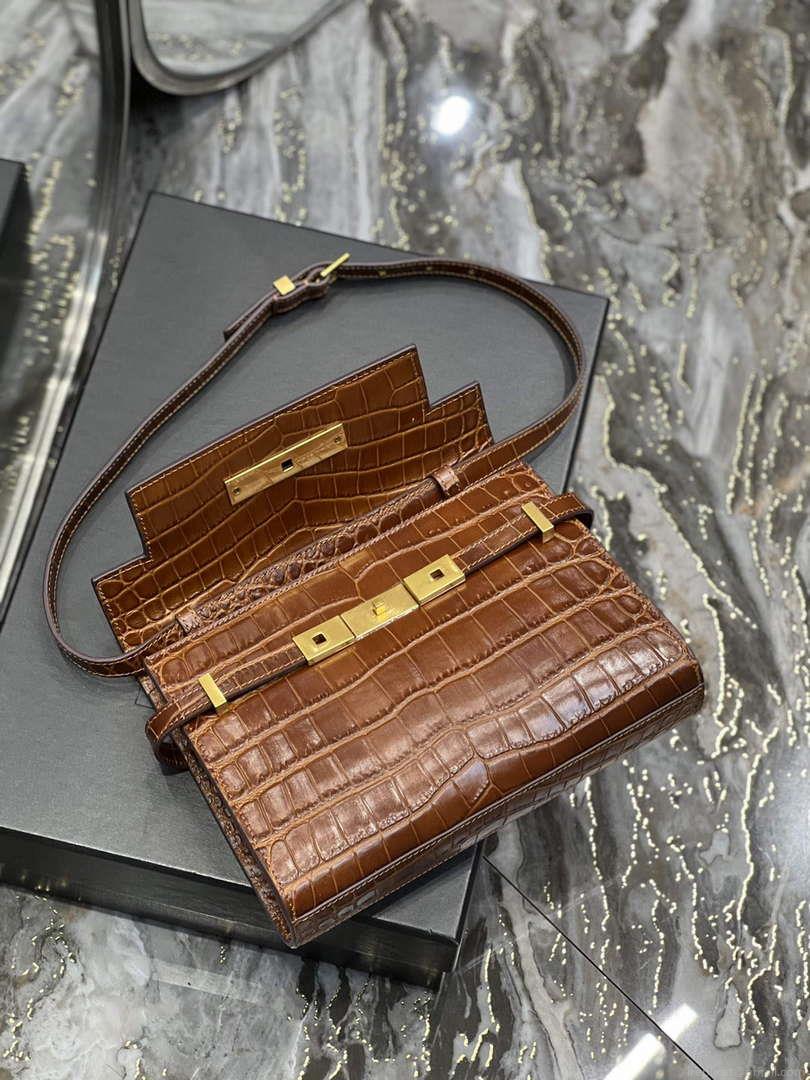 YSL 675626 Manhattan Small Shoulder Bag In Shiny Crocodile-Embossed Leather Caramel