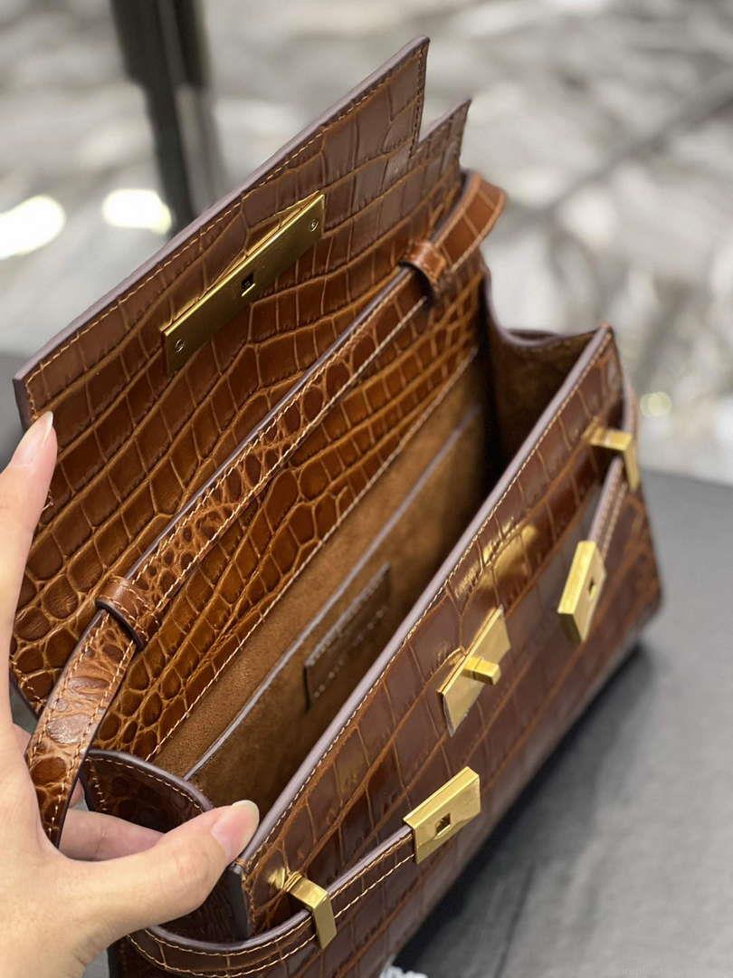 YSL 675626 Manhattan Small Shoulder Bag In Shiny Crocodile-Embossed Leather Caramel