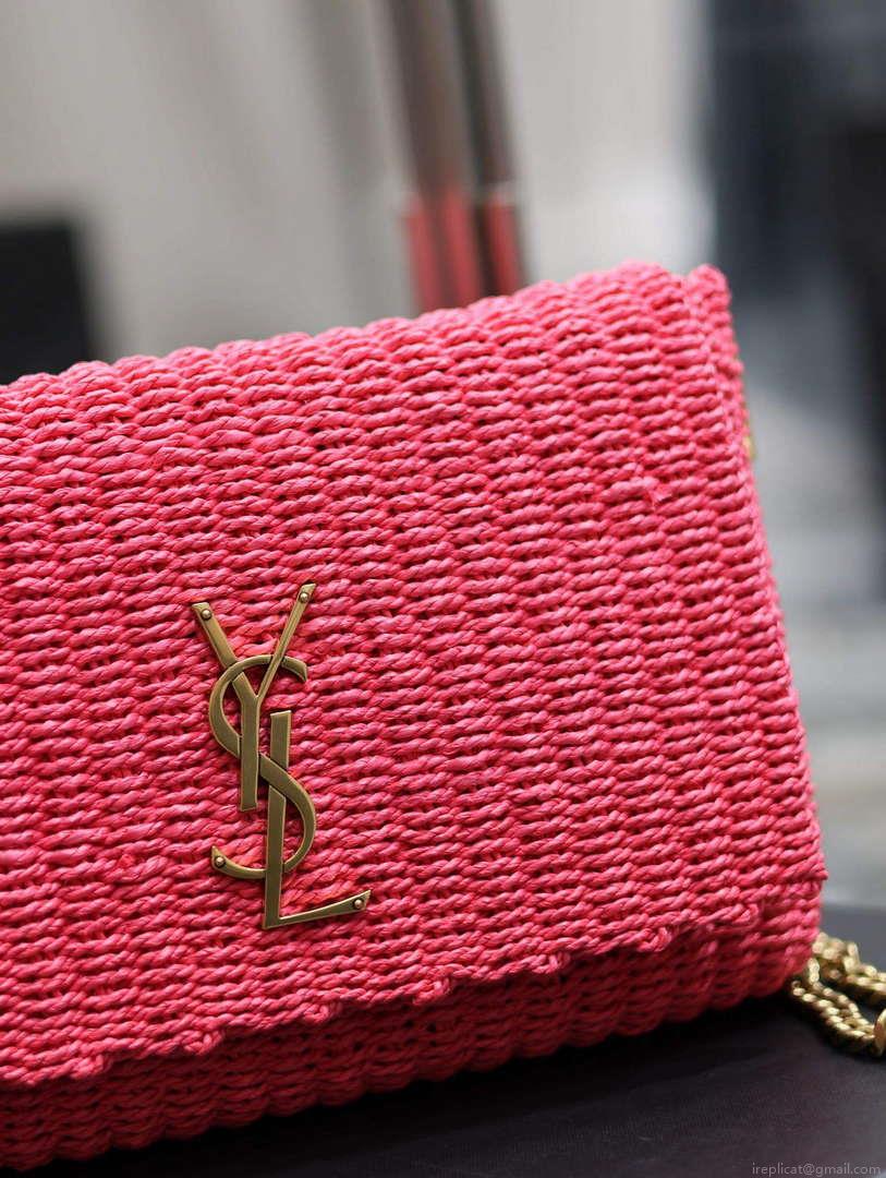 YSL 580065 Kate Medium Supple Chain Bag In Raffia Neon Pink