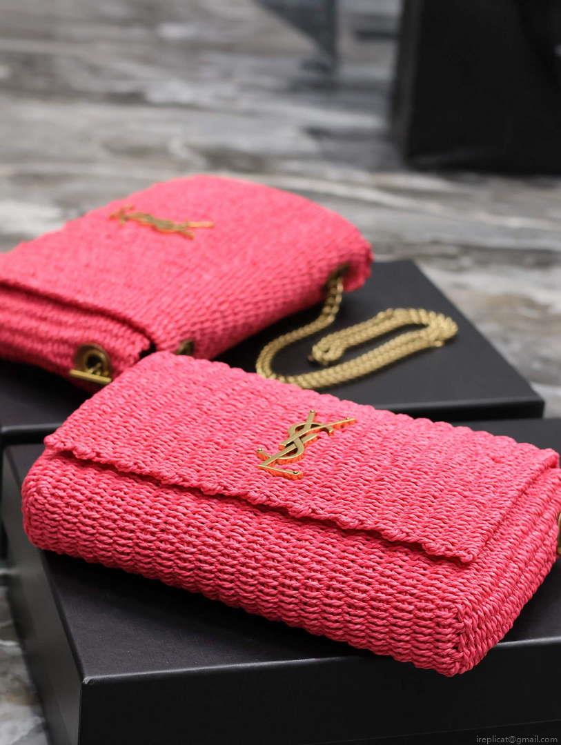 YSL 580065 Kate Medium Supple Chain Bag In Raffia Neon Pink