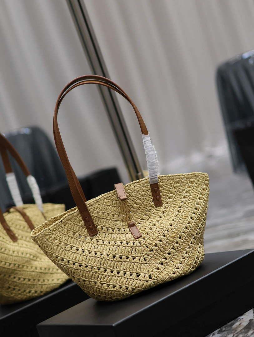 YSL 751240 Panier Small In Raffia And Vegetable-Tanned Leather Apricot