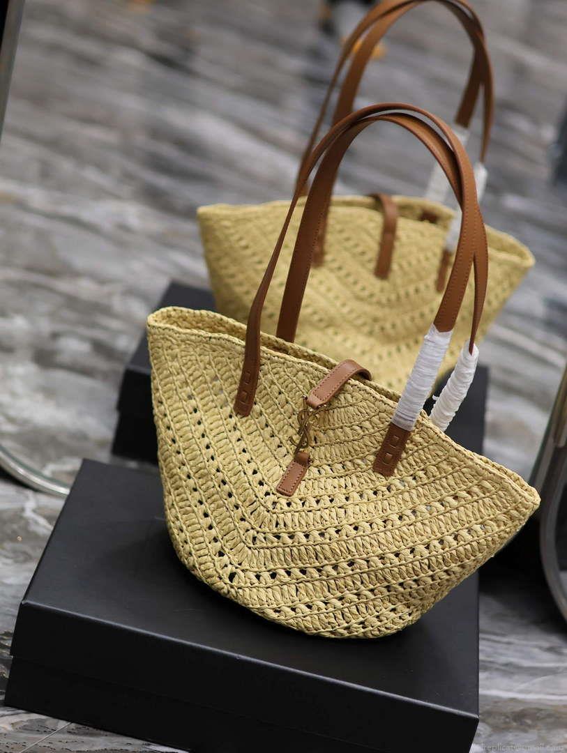 YSL 751240 Panier Small In Raffia And Vegetable-Tanned Leather Apricot