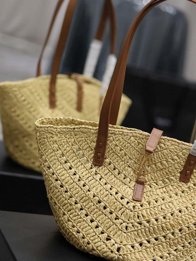 YSL 751240 Panier Small In Raffia And Vegetable-Tanned Leather Apricot