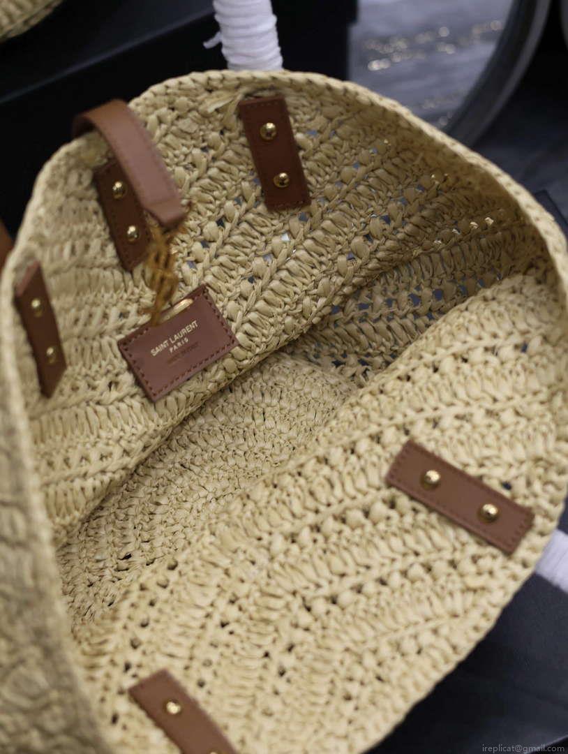 YSL 751240 Panier Small In Raffia And Vegetable-Tanned Leather Apricot