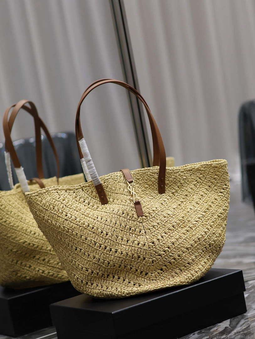 YSL 740375 Panier Medium In Raffia And Vegetable-Tanned Leather Apricot