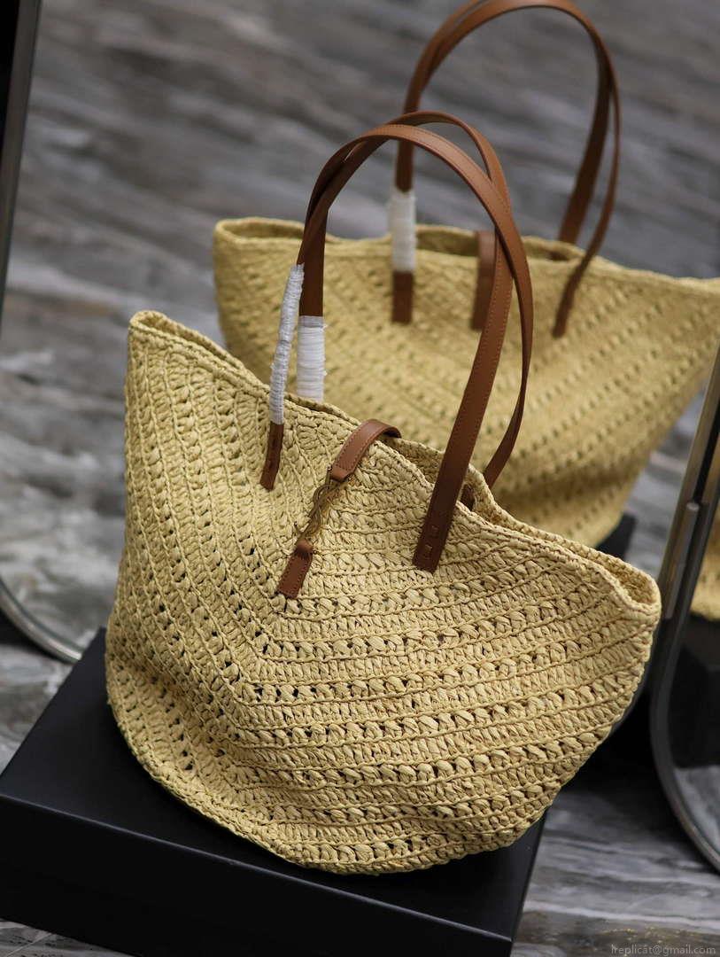 YSL 740375 Panier Medium In Raffia And Vegetable-Tanned Leather Apricot