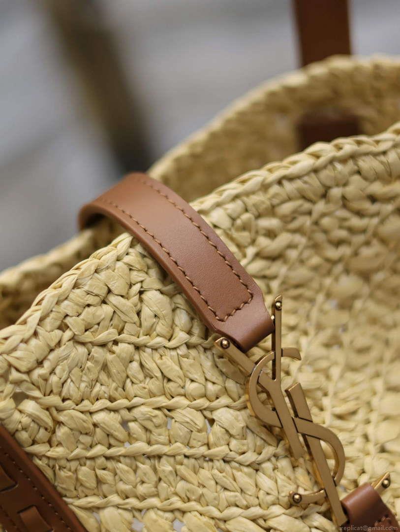 YSL 740375 Panier Medium In Raffia And Vegetable-Tanned Leather Apricot