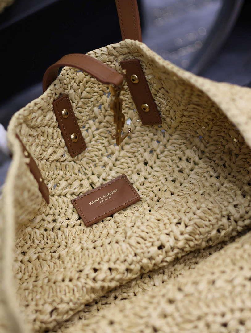 YSL 740375 Panier Medium In Raffia And Vegetable-Tanned Leather Apricot