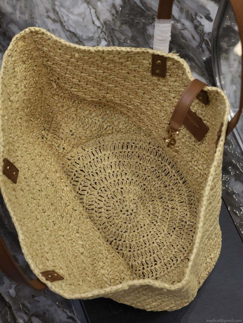 YSL 740375 Panier Medium In Raffia And Vegetable-Tanned Leather Apricot