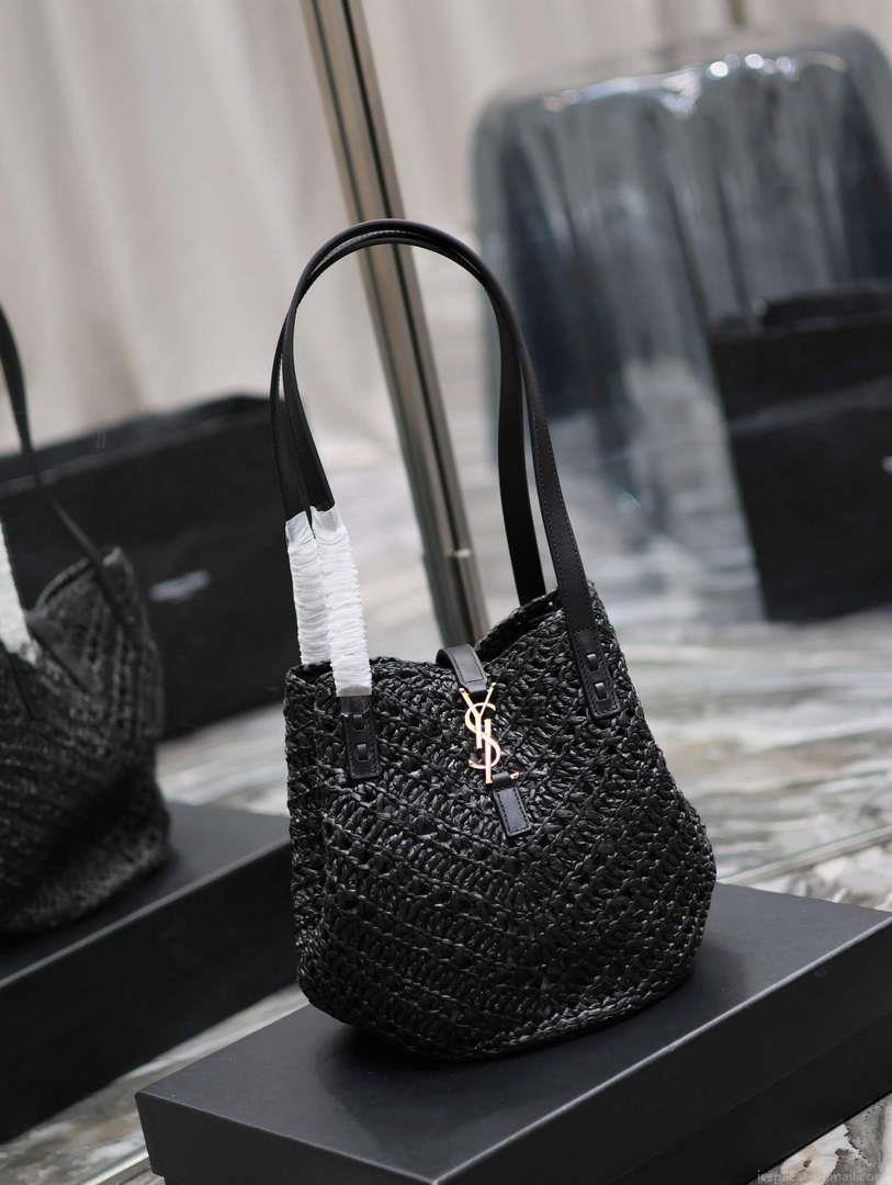 YSL 751240 Panier Small In Raffia And Vegetable-Tanned Leather Black