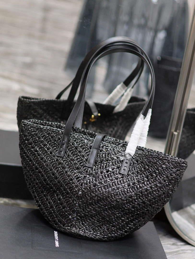 YSL 751240 Panier Small In Raffia And Vegetable-Tanned Leather Black