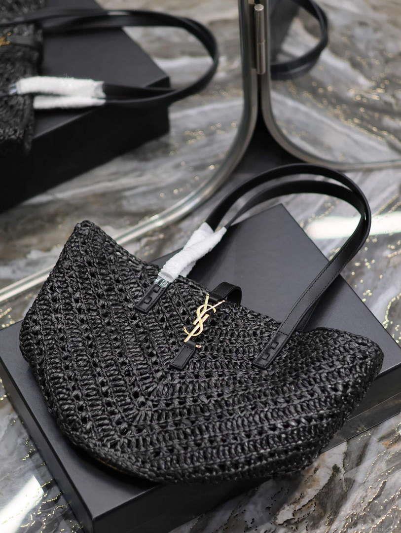 YSL 751240 Panier Small In Raffia And Vegetable-Tanned Leather Black