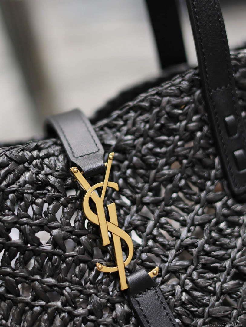 YSL 751240 Panier Small In Raffia And Vegetable-Tanned Leather Black