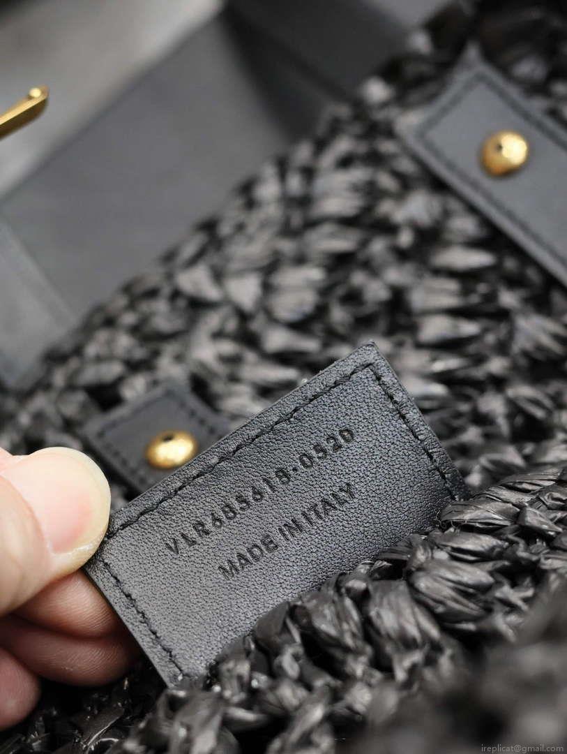 YSL 751240 Panier Small In Raffia And Vegetable-Tanned Leather Black