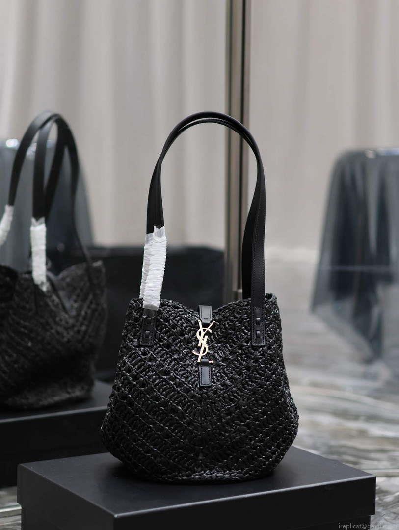 YSL 751240 Panier Small In Raffia And Vegetable-Tanned Leather Black