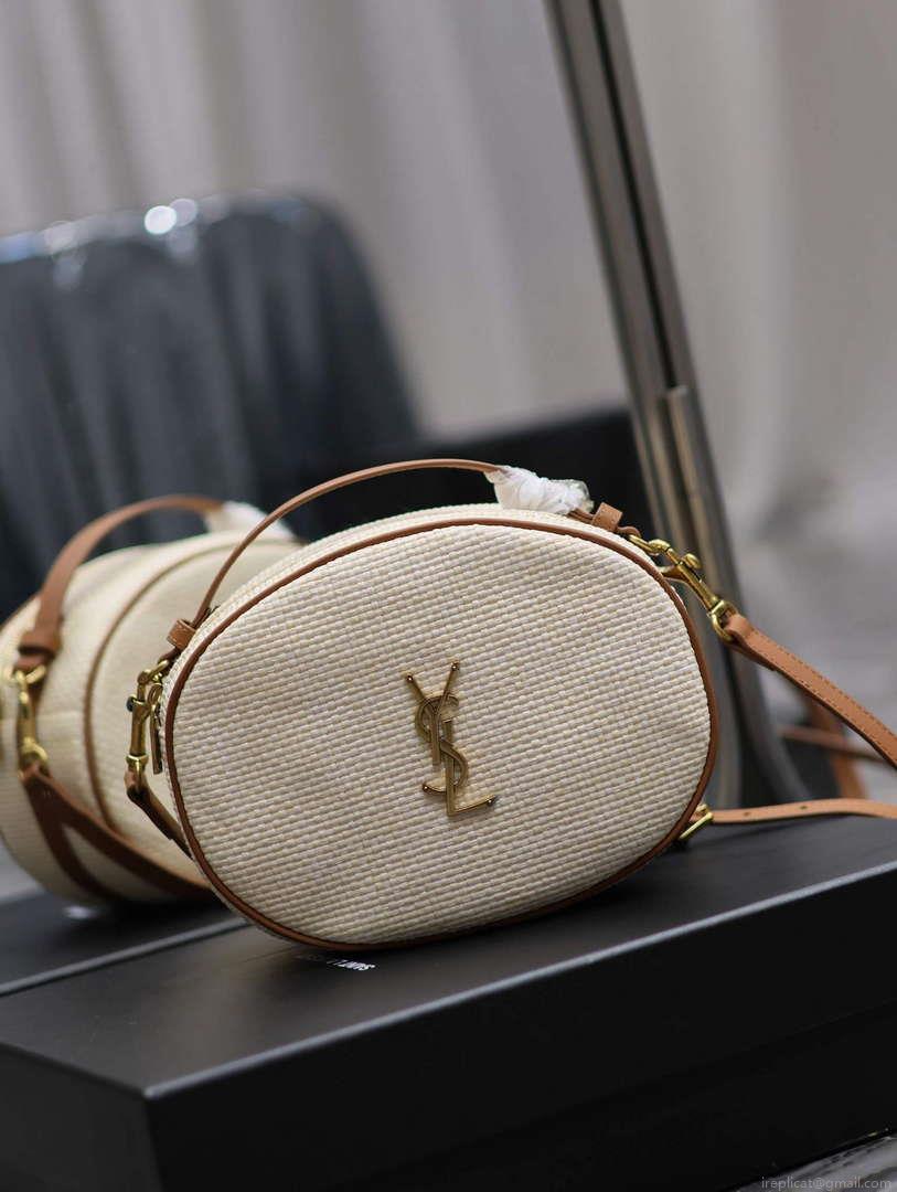 YSL 744579 Camera Bag In Raffia And Vegetable-Tanned Leather