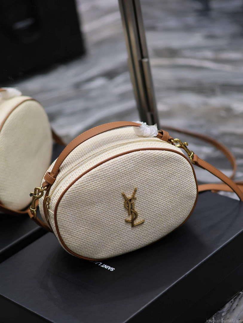 YSL 744579 Camera Bag In Raffia And Vegetable-Tanned Leather