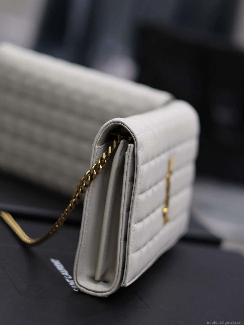 YSL 743346 Cassandre Matelassé Carré Chain Wallet In Quilted Leather White