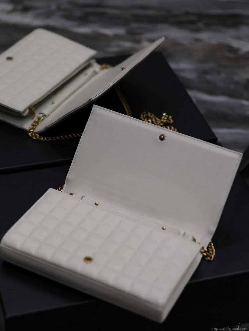 YSL 743346 Cassandre Matelassé Carré Chain Wallet In Quilted Leather White