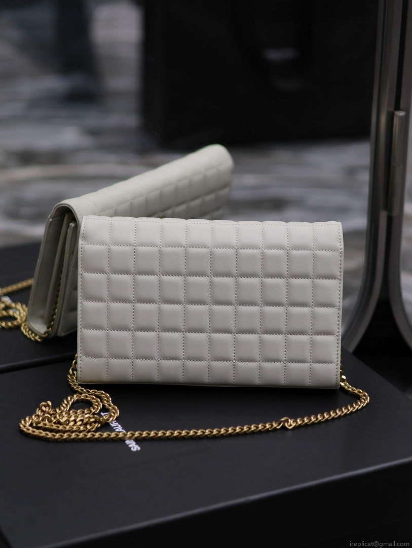 YSL 743346 Cassandre Matelassé Carré Chain Wallet In Quilted Leather White