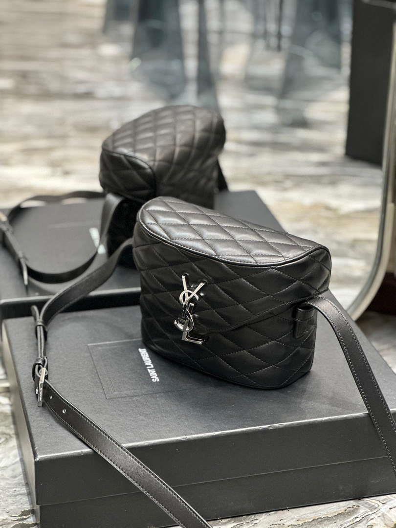 YSL 710080 June Box Bag In Quilted Patent Leather Black with Silver