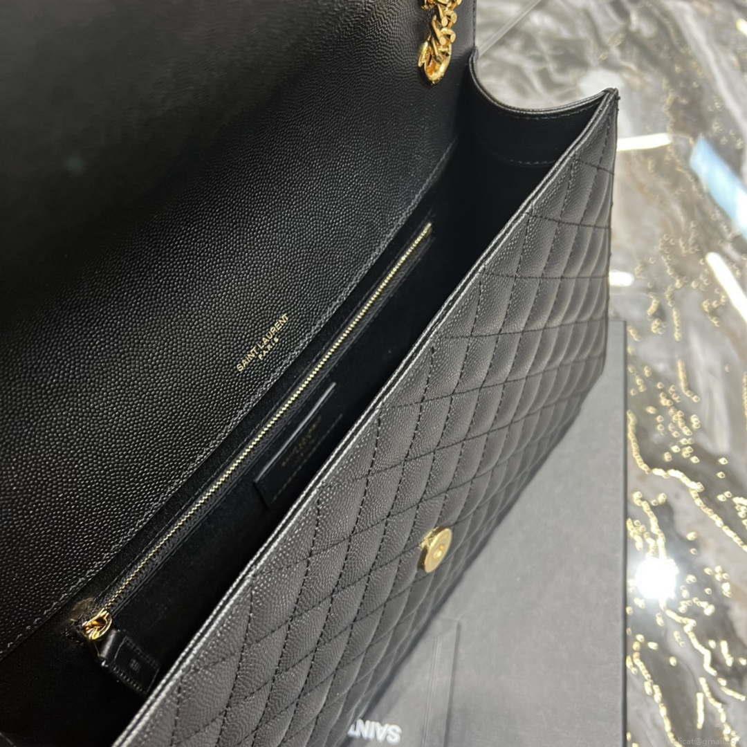 YSL 600166 Envelope Large In Quilted Grain De Poudre Embossed Leather Black