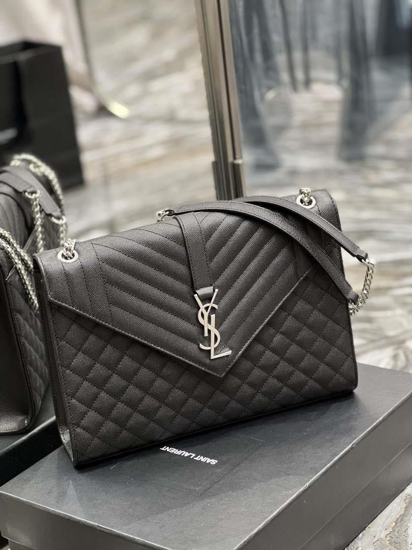 YSL 600166 Envelope Large In Quilted Grain De Poudre Embossed Leather Black Silver