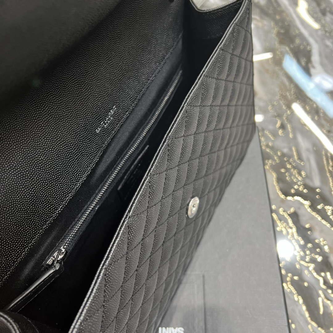 YSL 600166 Envelope Large In Quilted Grain De Poudre Embossed Leather Black Silver
