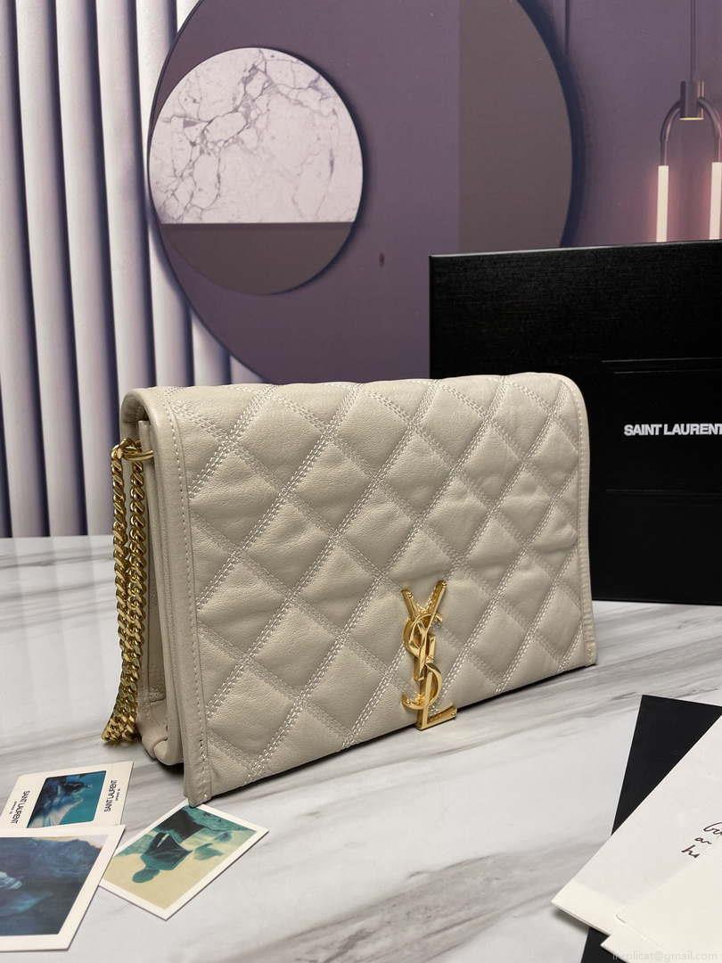 YSL 629246 Saint Laurent Becky Chain Shoulder Bag 25cm Leather Beige Silver