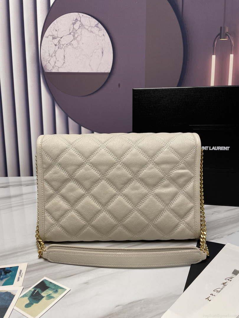 YSL 629246 Saint Laurent Becky Chain Shoulder Bag 25cm Leather Beige Silver