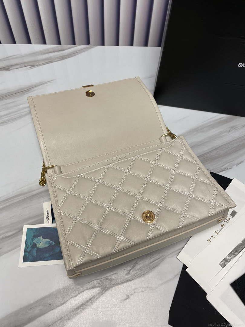 YSL 629246 Saint Laurent Becky Chain Shoulder Bag 25cm Leather Beige Silver