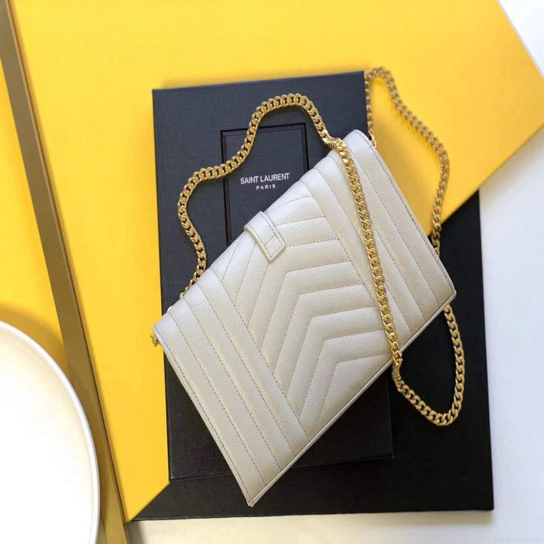 YSL 620280 Monogram Chain Wallet In Mix Matelassé Grain Embossed White