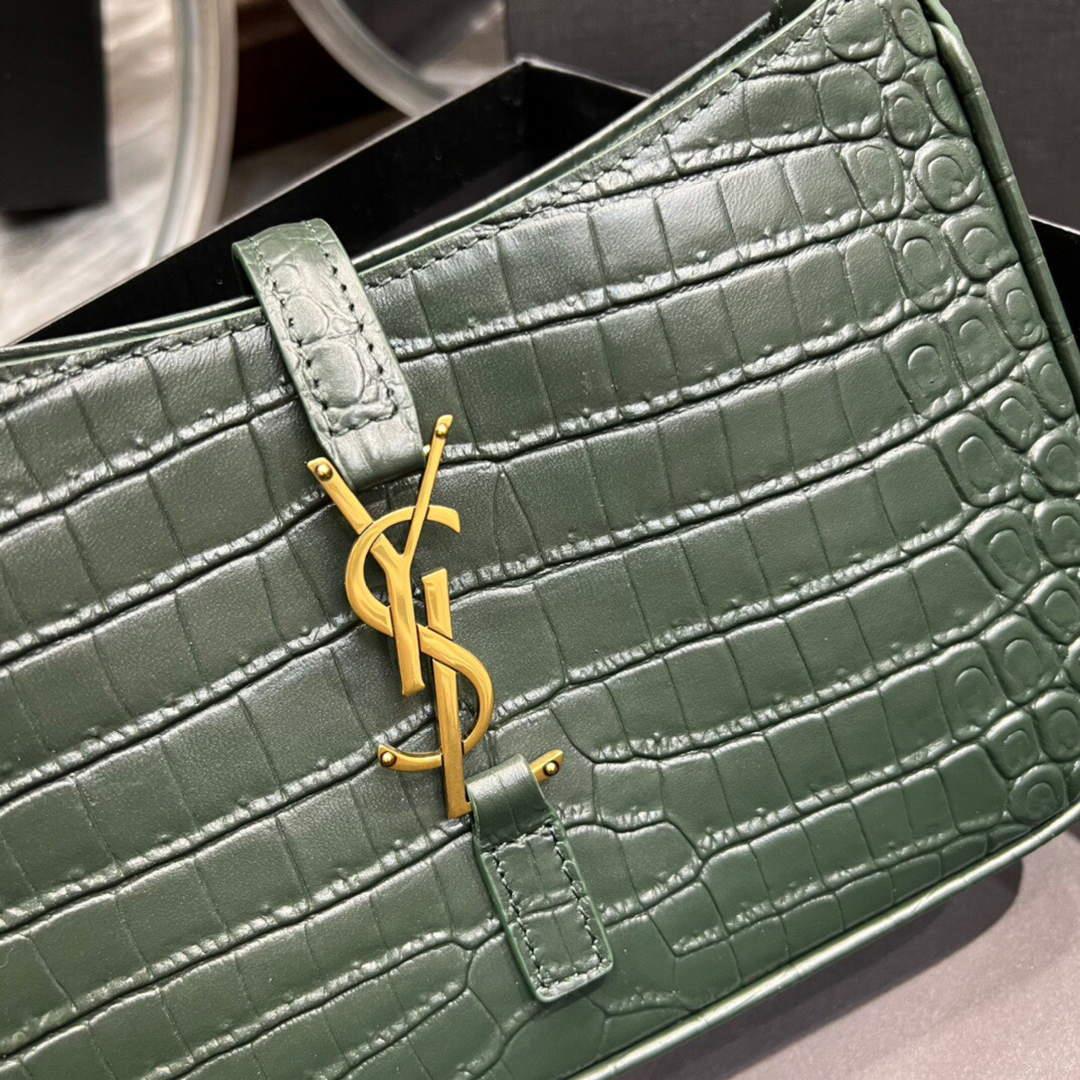 YSL LE5À7 657228 Hobo Bag In Crocodile Embossed Shiny Leather Dark Green