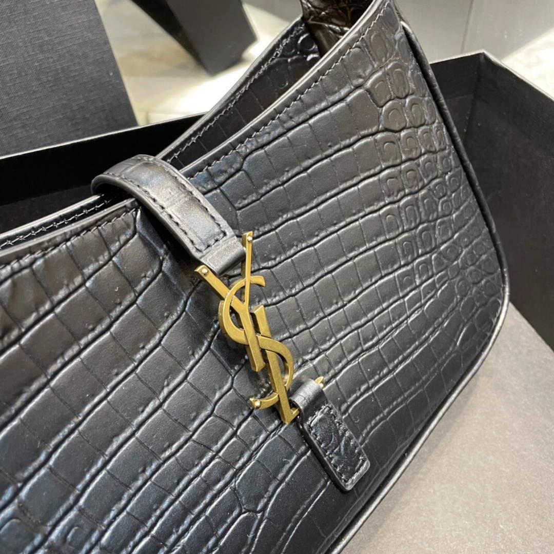 YSL LE5À7 657228 Hobo Bag In Crocodile Embossed Shiny Leather Black