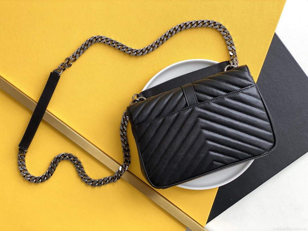YSL 600279 College Medium In Matelassé Leather Black with Silver