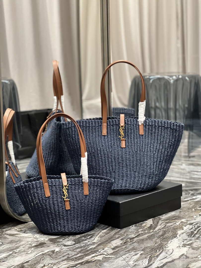 Saint Laurent 688221 YSL Panier Maxi Bag In Raffia Navy Blue