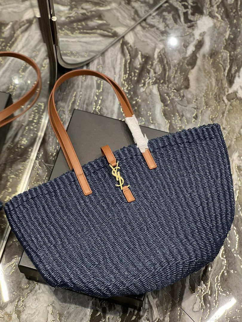 Saint Laurent 688221 YSL Panier Maxi Bag In Raffia Navy Blue