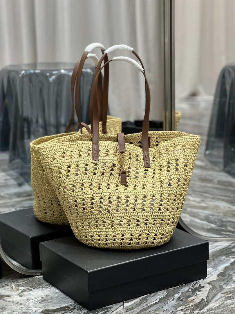Saint Laurent 688221 YSL Panier Maxi Bag In Raffia Apricot