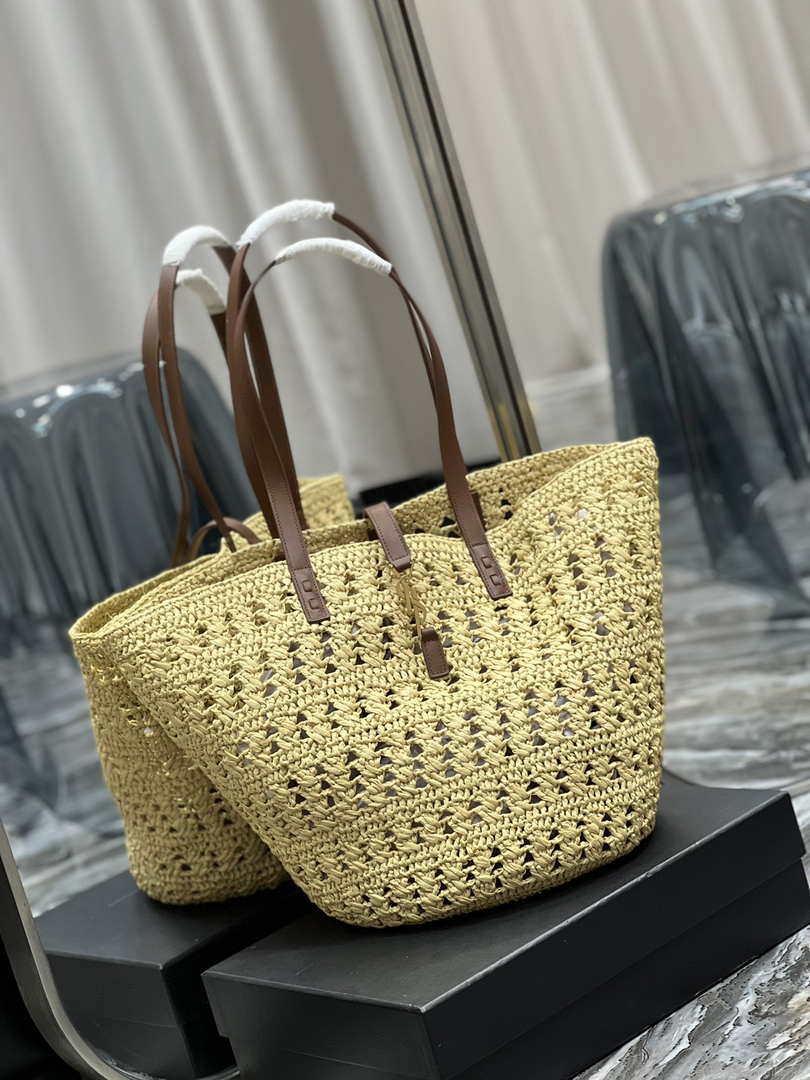 Saint Laurent 688221 YSL Panier Maxi Bag In Raffia Apricot
