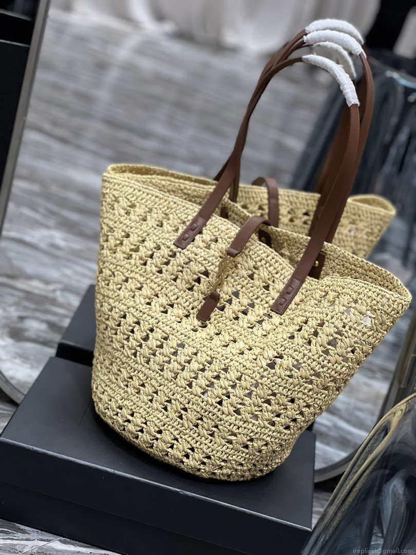 Saint Laurent 688221 YSL Panier Maxi Bag In Raffia Apricot