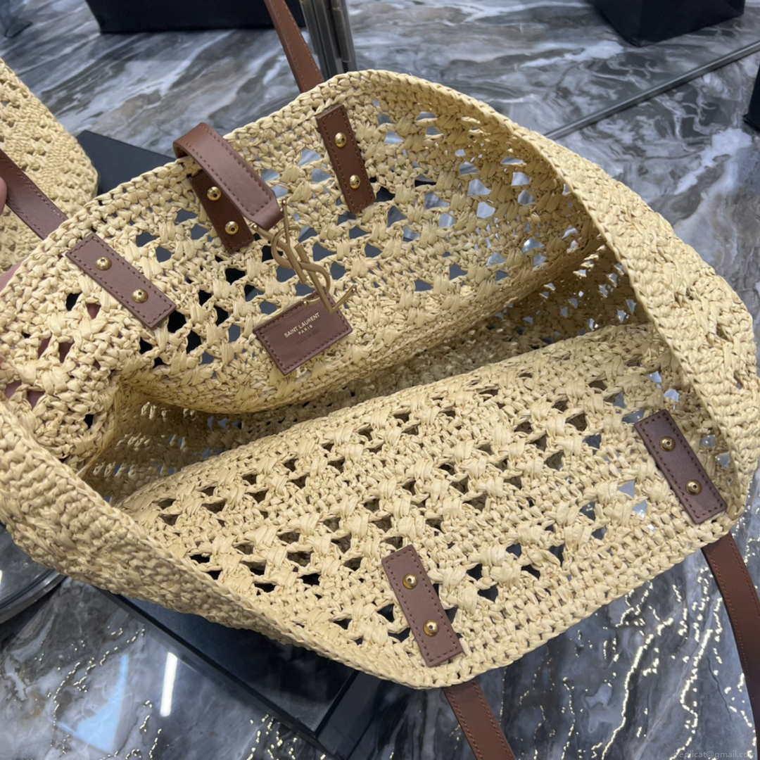 Saint Laurent 688221 YSL Panier Maxi Bag In Raffia Apricot