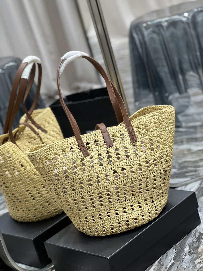 Saint Laurent 688221 YSL Panier Maxi Bag In Raffia Apricot