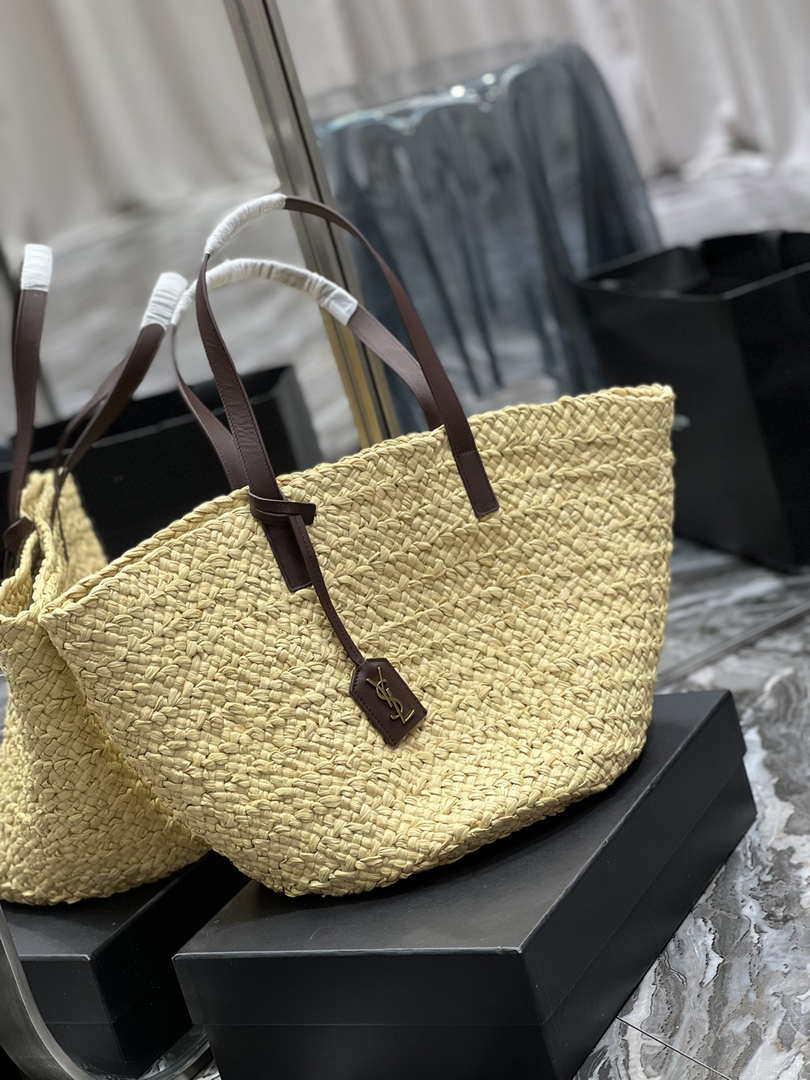 Saint Laurent YSL 693242 Tote Panier Maxi Bag In Raffia Apricot