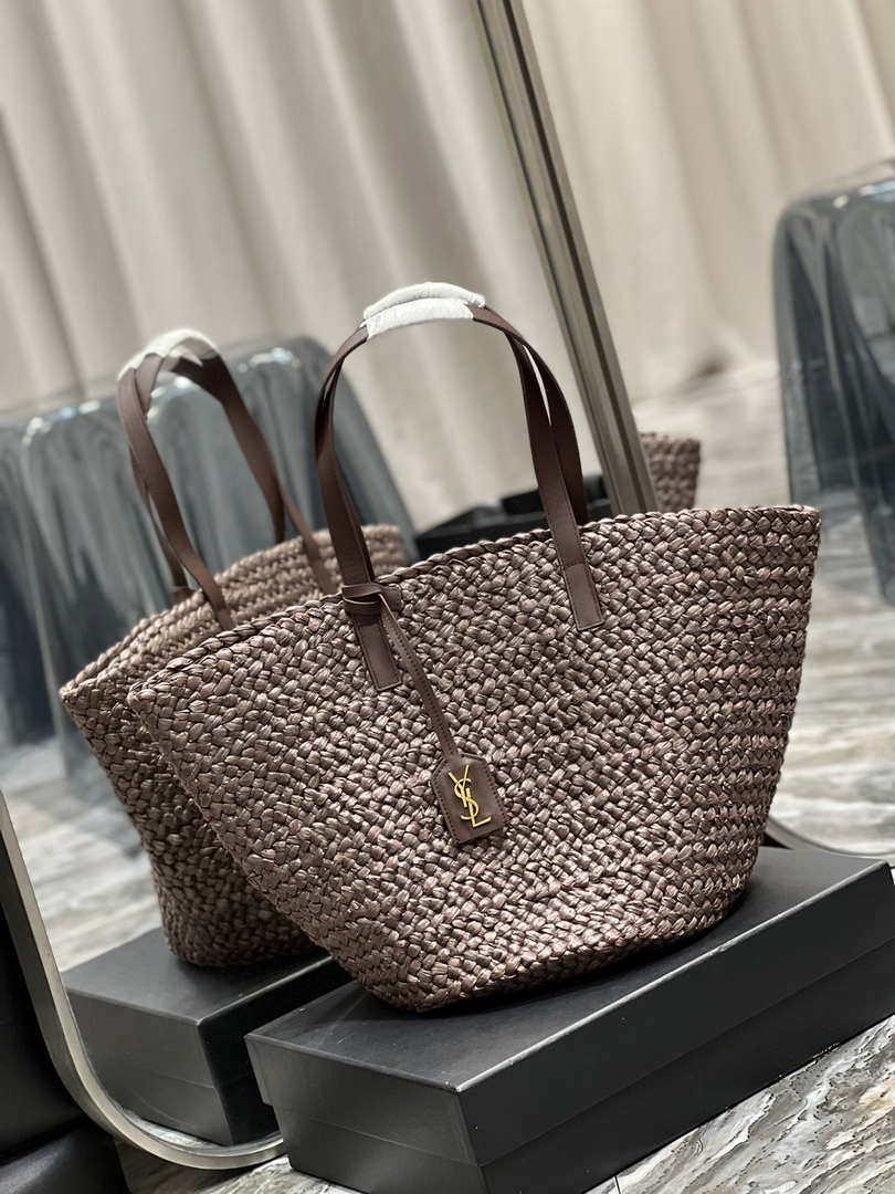 Saint Laurent YSL 693242 Tote Panier Maxi Bag In Raffia Dark Brown