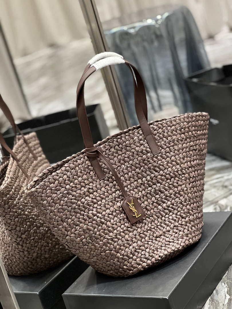 Saint Laurent YSL 693242 Tote Panier Maxi Bag In Raffia Dark Brown