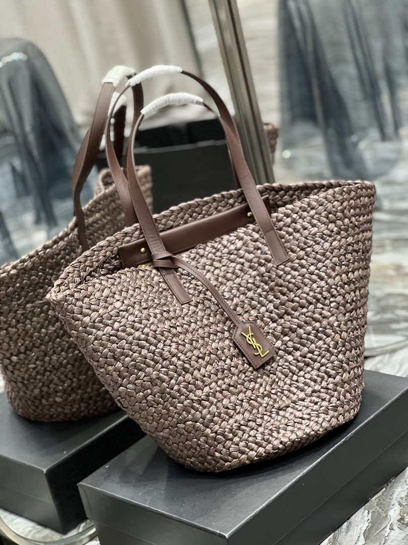 Saint Laurent YSL 693242 Tote Panier Maxi Bag In Raffia Dark Brown