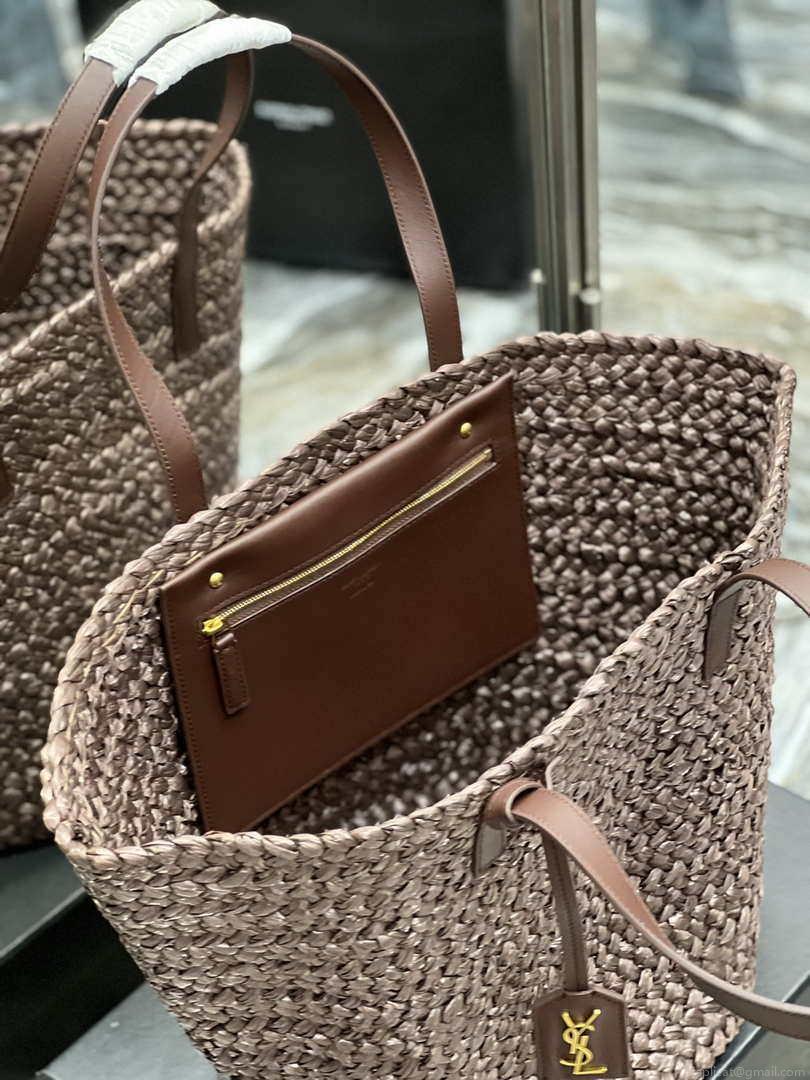 Saint Laurent YSL 693242 Tote Panier Maxi Bag In Raffia Dark Brown