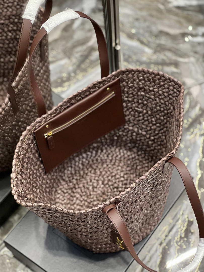 Saint Laurent YSL 693242 Tote Panier Maxi Bag In Raffia Dark Brown