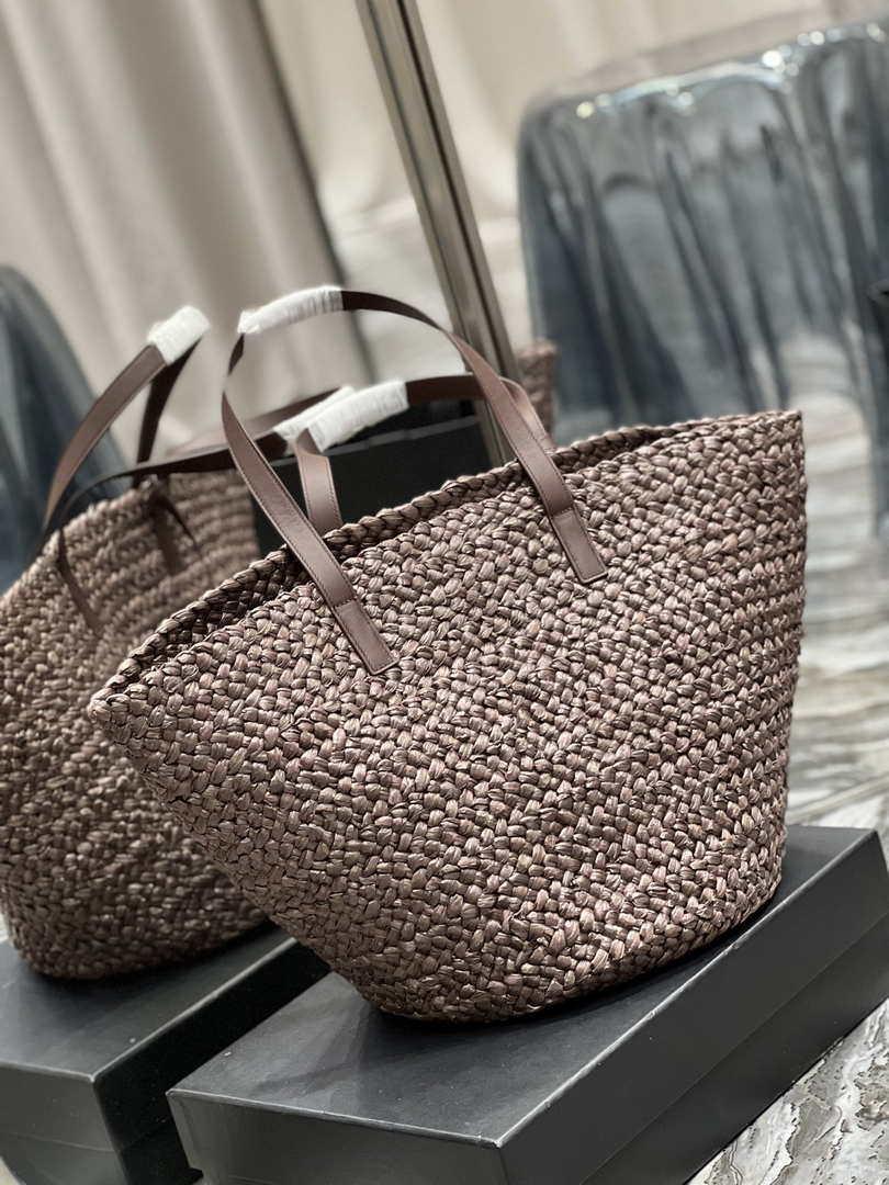 Saint Laurent YSL 693242 Tote Panier Maxi Bag In Raffia Dark Brown