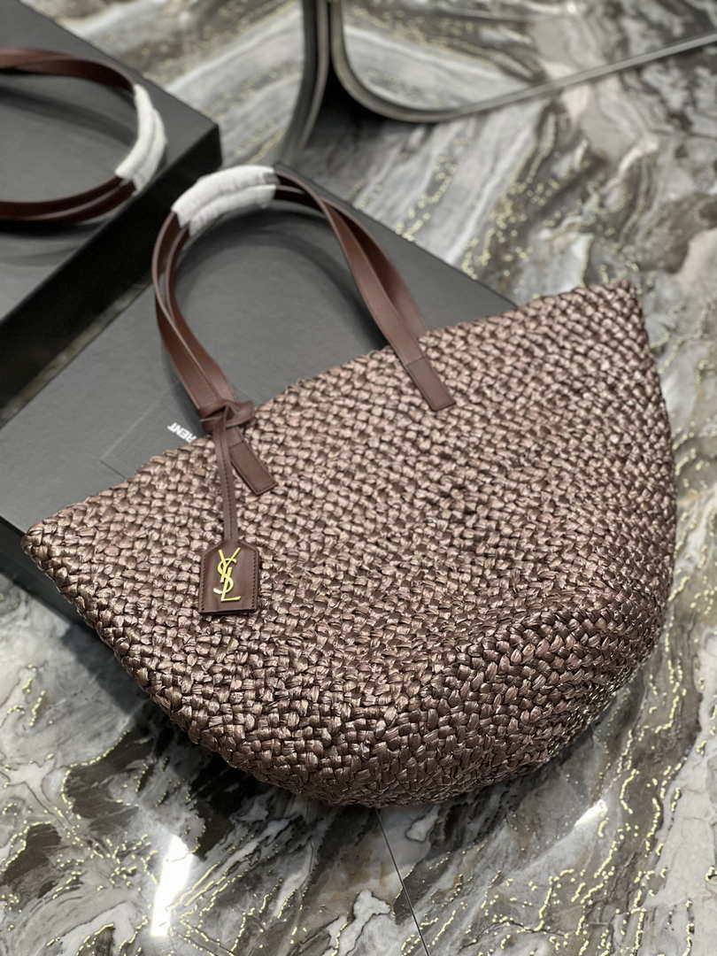 Saint Laurent YSL 693242 Tote Panier Maxi Bag In Raffia Dark Brown